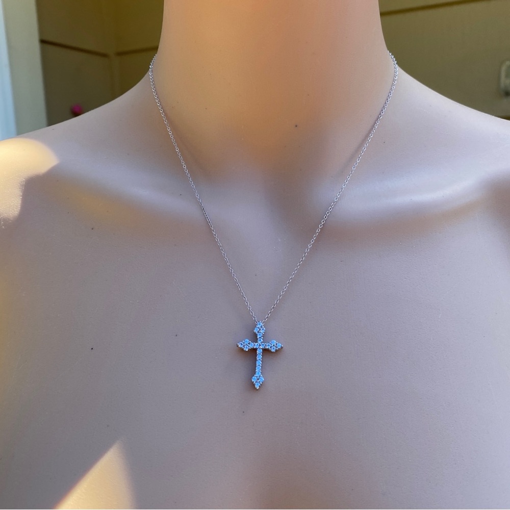 14k white gold  over 925 white lab sapphires Cross necklace - Picture 7 of 16
